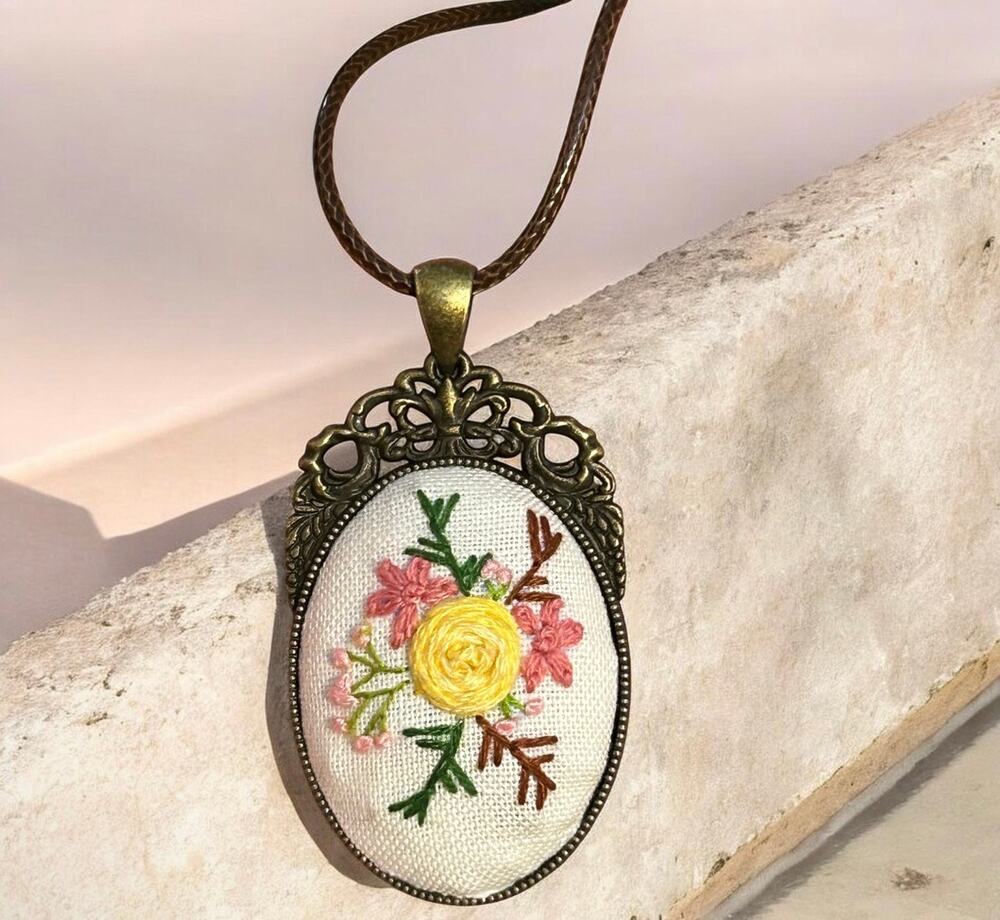 Handmade Yellow Floral Pendant necklace - Embroidery Necklace
